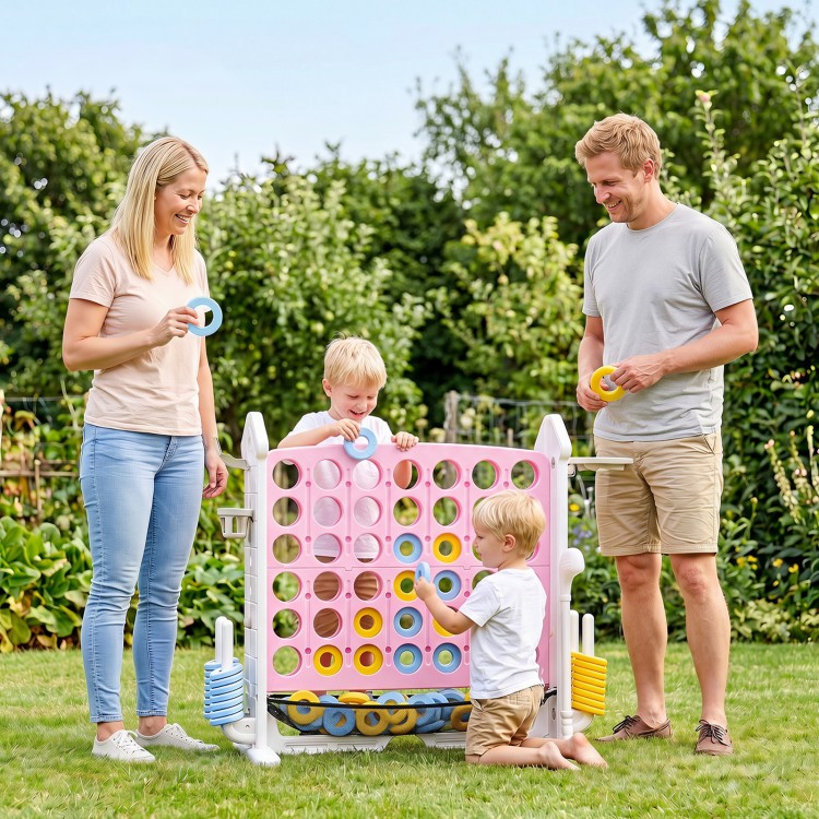 Family enjoying the 4-in-1 height adjustable Row Connect game in pink, perfect for outdoor fun and gatherings.