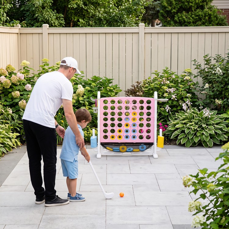 Height adjustable 4-in-1 Row Connect game in pink, perfect for family gatherings and outdoor fun with easy storage.