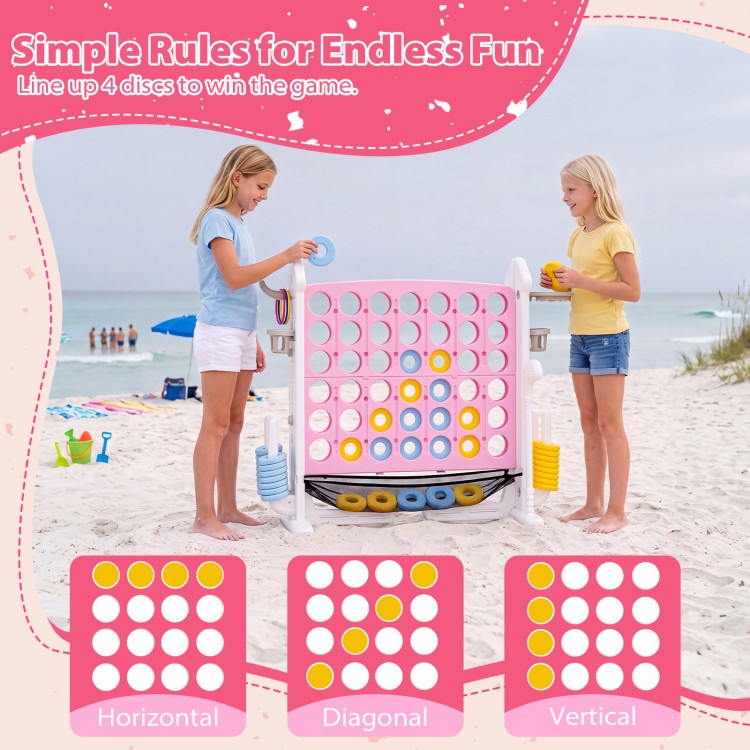 Height adjustable 4-in-1 Row Connect Game in pink, featuring a mesh net and carrying bag for outdoor fun.