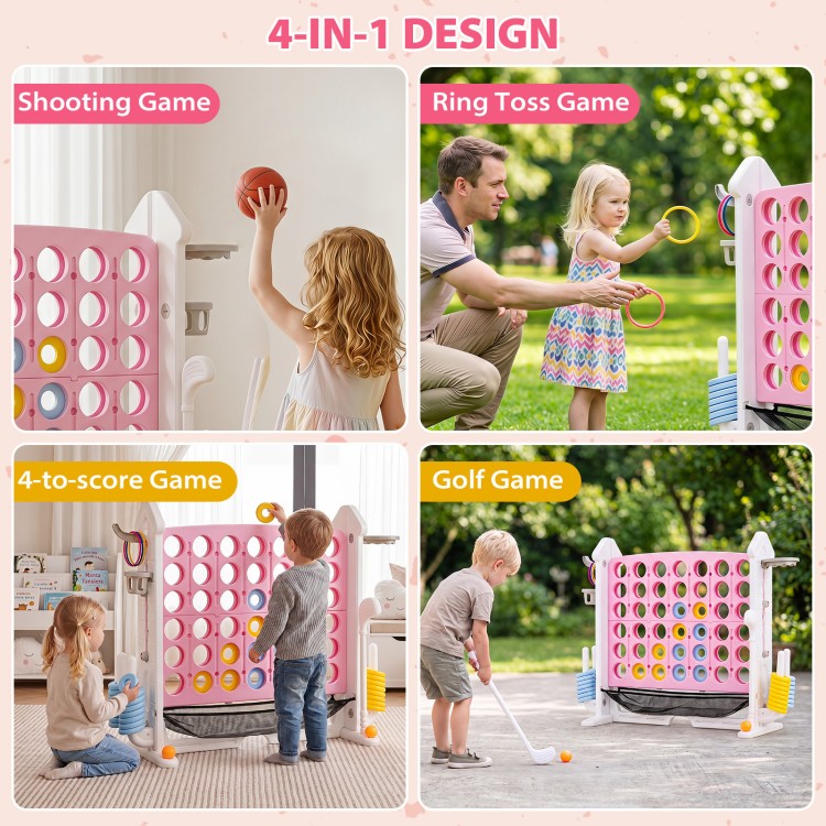 4-in-1 height adjustable pink connect game featuring shooting, ring toss, golf, and 4-to-score for indoor and outdoor fun.