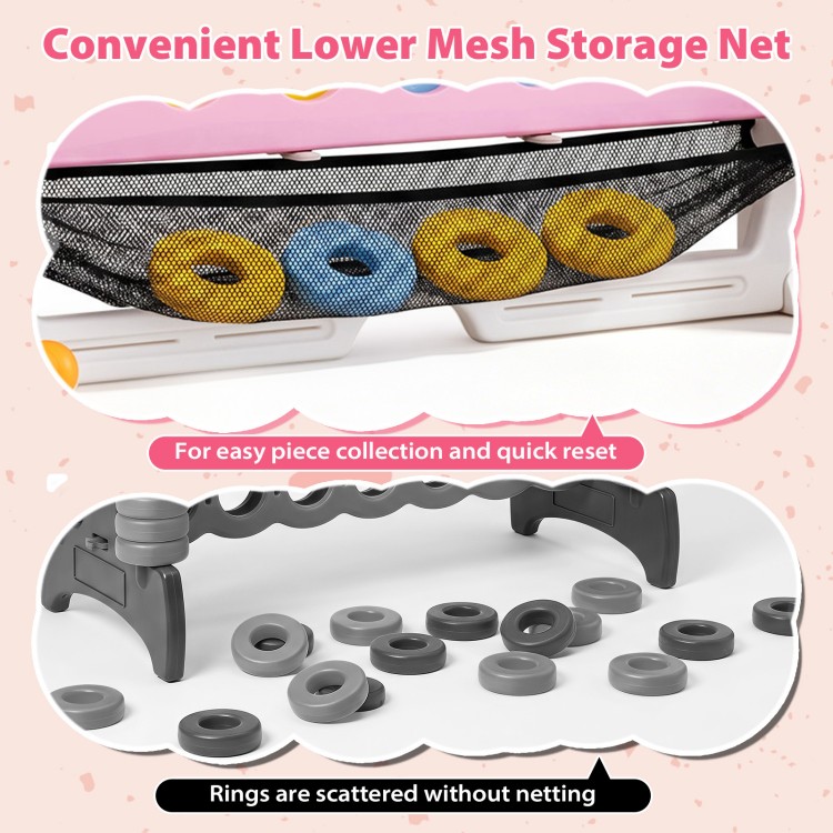 Lower mesh storage net holds colorful rings for the 4-in-1 height adjustable row connect game, ideal for quick resets.