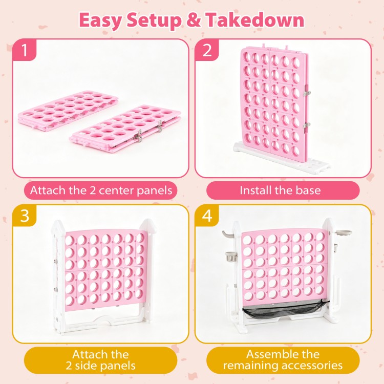 Height adjustable pink 4-in-1 Row Connect Game setup steps showing center panels and base installation for easy play.