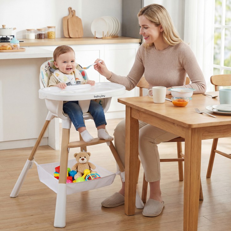 4 in 1 high chair with adjustable tray and sturdy wooden legs, perfect for feeding babies and toddlers at home.