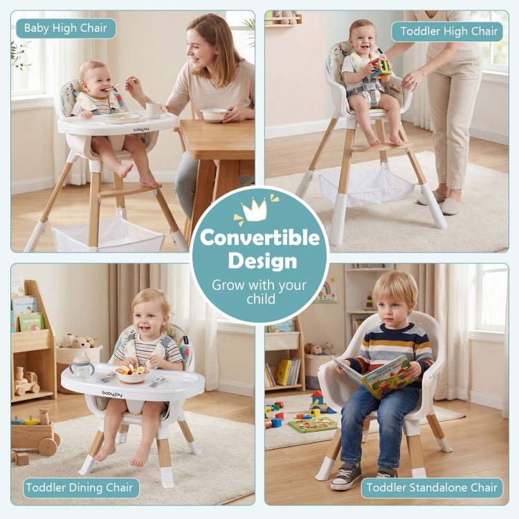 4-in-1 convertible high chair in multicolor, featuring adjustable height and tray, ideal for growing toddlers.