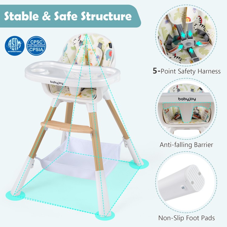 4 in 1 high chair for babies with adjustable tray, 5-point harness, and stable wooden legs for safety and convenience.