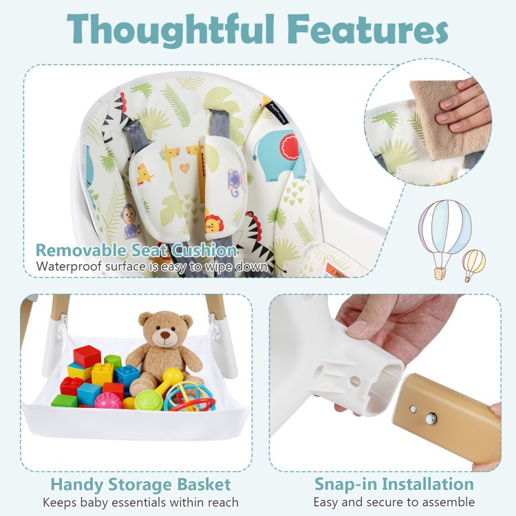 Removable waterproof seat cushion and handy storage basket of the multicolor 4 in 1 high chair for babies.