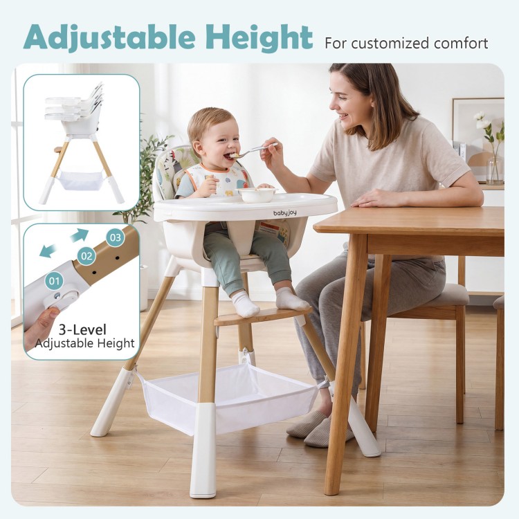 4 in 1 high chair with adjustable height and tray, featuring a sturdy design and easy-to-clean surfaces for toddlers.