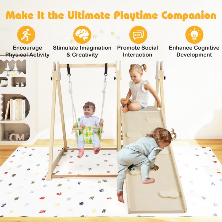 4-in-1 indoor jungle gym featuring a baby swing, climbing ramp, and solid wood frame for safe, versatile playtime.