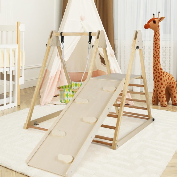 Indoor jungle gym featuring a baby swing, climbing ramp, and ladder, made of solid wood for durability and safety.