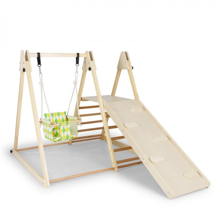 4-in-1 indoor jungle gym featuring a baby swing, climbing ramp, and sturdy wooden frame for safe play and exploration.