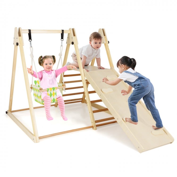 4-in-1 indoor jungle gym featuring a baby swing, climbing ramp, and ladder, designed for safe play and learning.