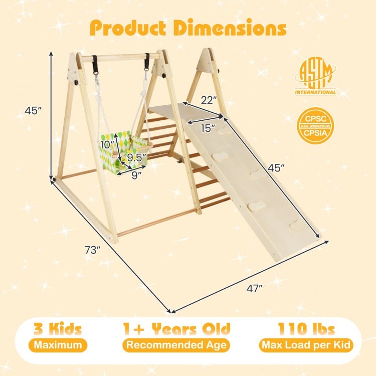 4-in-1 indoor jungle gym with baby swing and climbing ramp, featuring a solid wood frame and adjustable height for kids.
