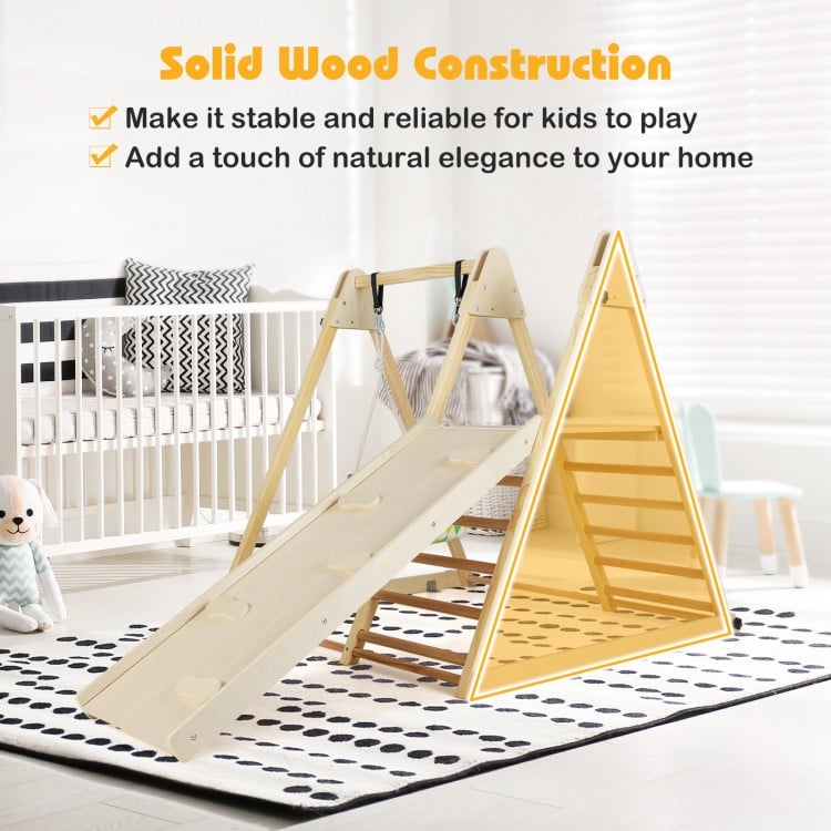 Indoor jungle gym featuring a solid wood climbing ramp and baby swing, designed for safe and versatile play for kids.