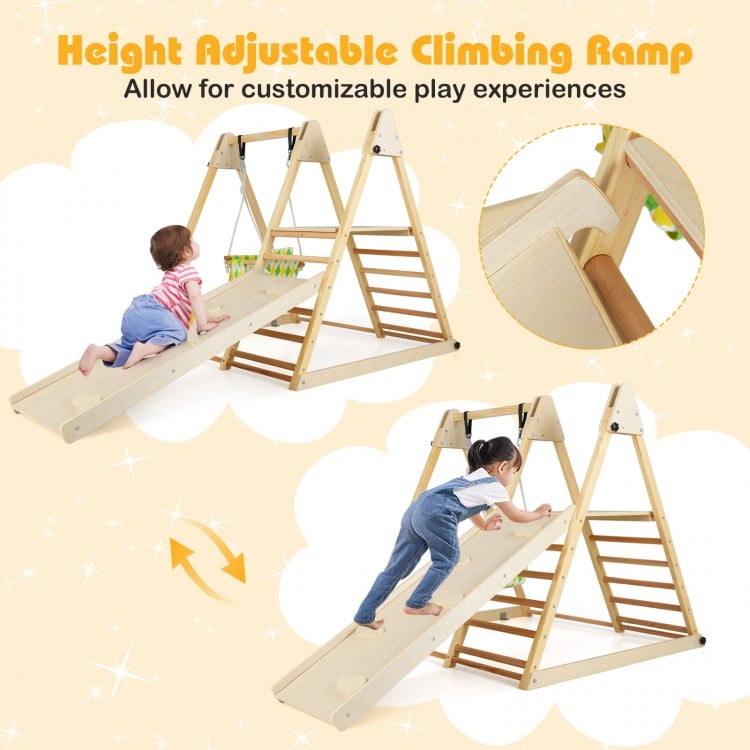 Height adjustable climbing ramp of a 4-in-1 indoor jungle gym for versatile play and secure use.