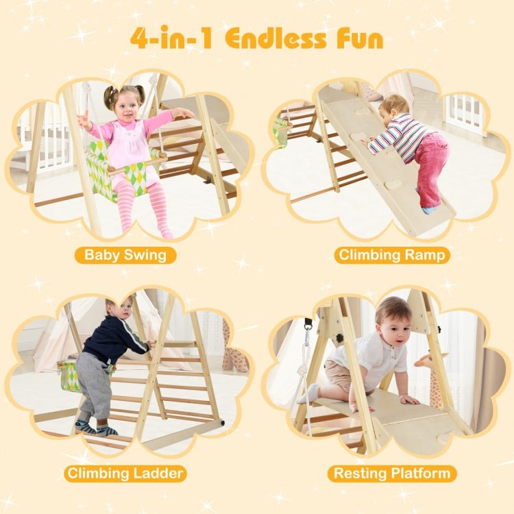 4-in-1 indoor jungle gym featuring a baby swing, climbing ramp, ladder, and resting platform for versatile play.