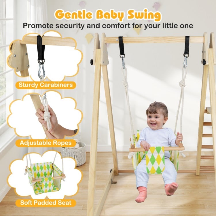 Gentle baby swing with adjustable ropes, cushioned seat, and sturdy carabiners for secure indoor play and comfort.