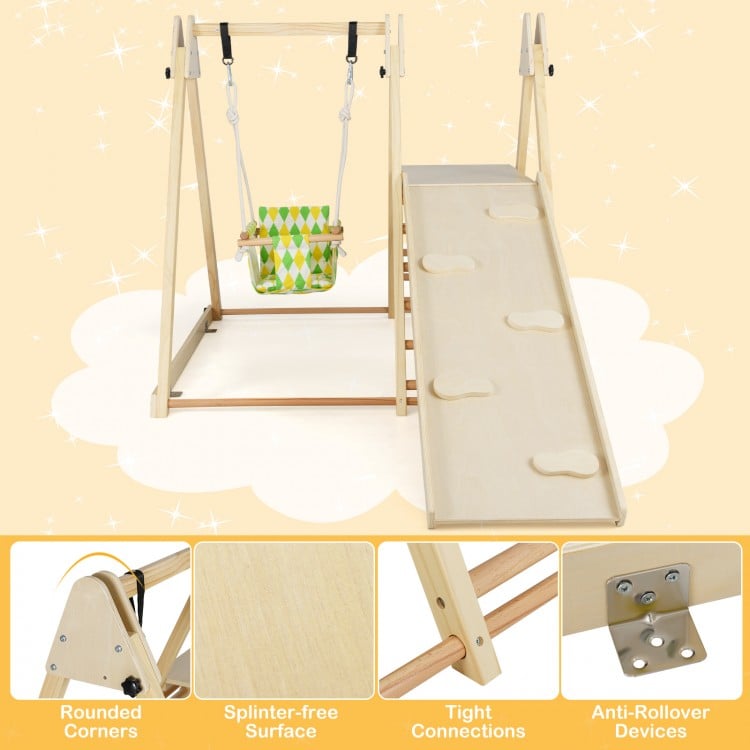 4-in-1 indoor jungle gym featuring a baby swing, climbing ramp, and resting platform with rounded corners for safety.
