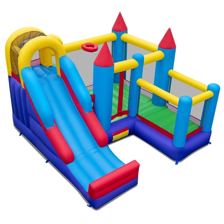 Colorful 4-in-1 inflatable bounce castle with slide, climbing wall, and basketball hoop for outdoor fun and active play.