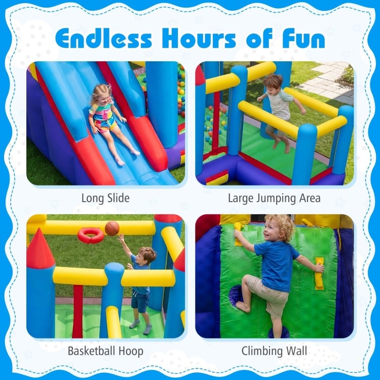 4-in-1 inflatable bounce castle featuring a long slide, basketball hoop, climbing wall, and large jumping area for kids.