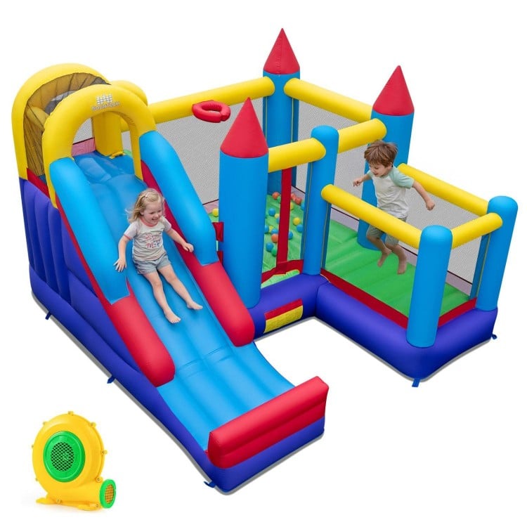 Kids bouncer with long slide, jumping area, and basketball hoop, made of waterproof 420D Oxford cloth for outdoor fun.