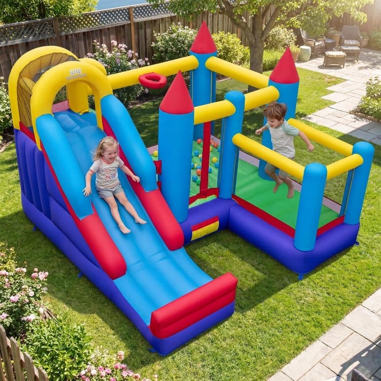 Kids enjoy the 4-in-1 bouncer with a long slide, jumping area, and safety features for outdoor fun in the yard.