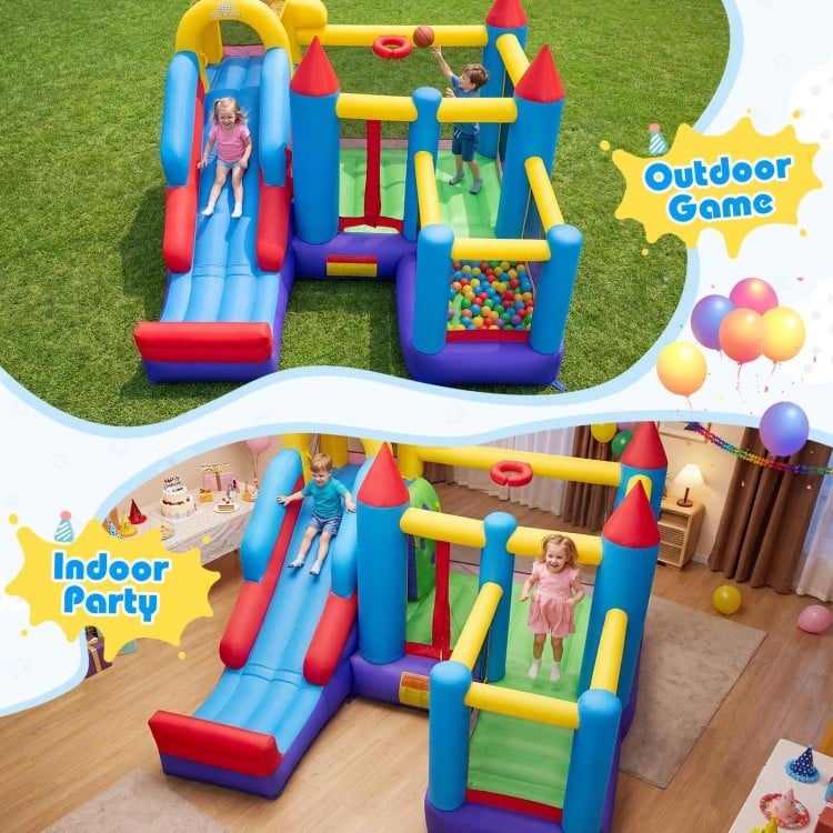 4-in-1 kids bouncer featuring a long slide, jumping area, and basketball hoop for indoor parties and outdoor fun.