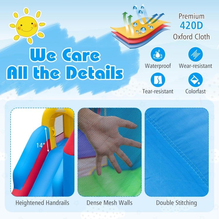 Heightened handrails and dense mesh walls of the 4-in-1 kids bouncer, made from waterproof 420D Oxford cloth for safety.