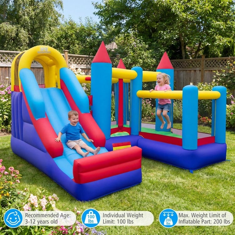 Kids bouncer with long slide and jumping area, made of waterproof Oxford cloth, perfect for outdoor fun in the yard.