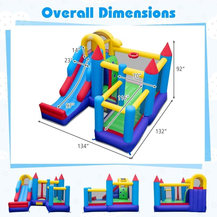4-in-1 kids bouncer with long slide, large jumping area, and safety features for outdoor fun in the yard or lawn.
