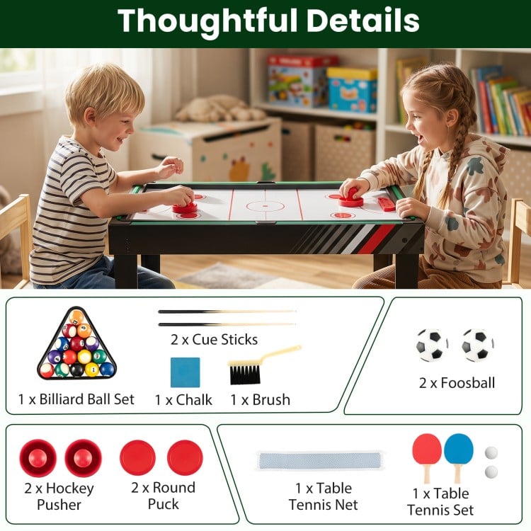 4-in-1 Multi Game Table features foosball, hockey, billiards, and table tennis with complete accessories for family fun.