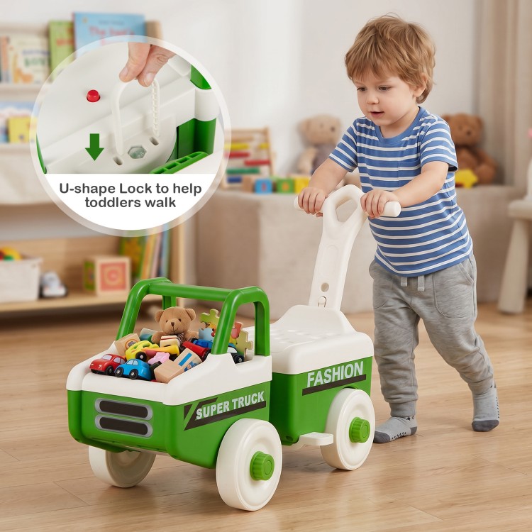 Green 4-in-1 ride-on push car with music, under-seat storage, and anti-tipping design for toddlers' safe play.