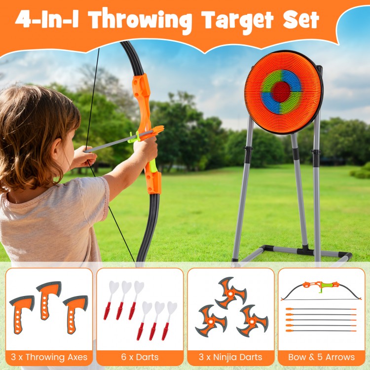 4-in-1 throwing target set featuring a bristle target, 3 axes, darts, a bow, and arrows for kids' outdoor fun.