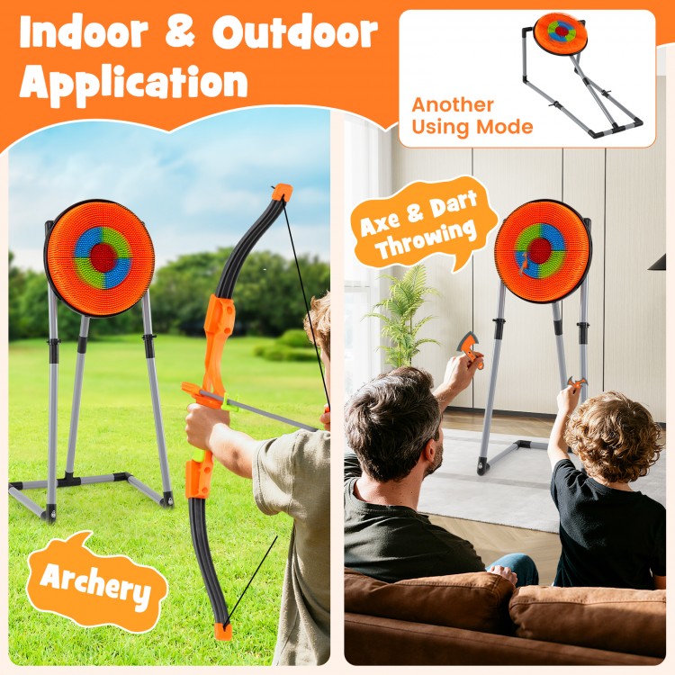 4 in 1 throwing target set featuring a bristle target, bow, axes, and darts for indoor and outdoor play.