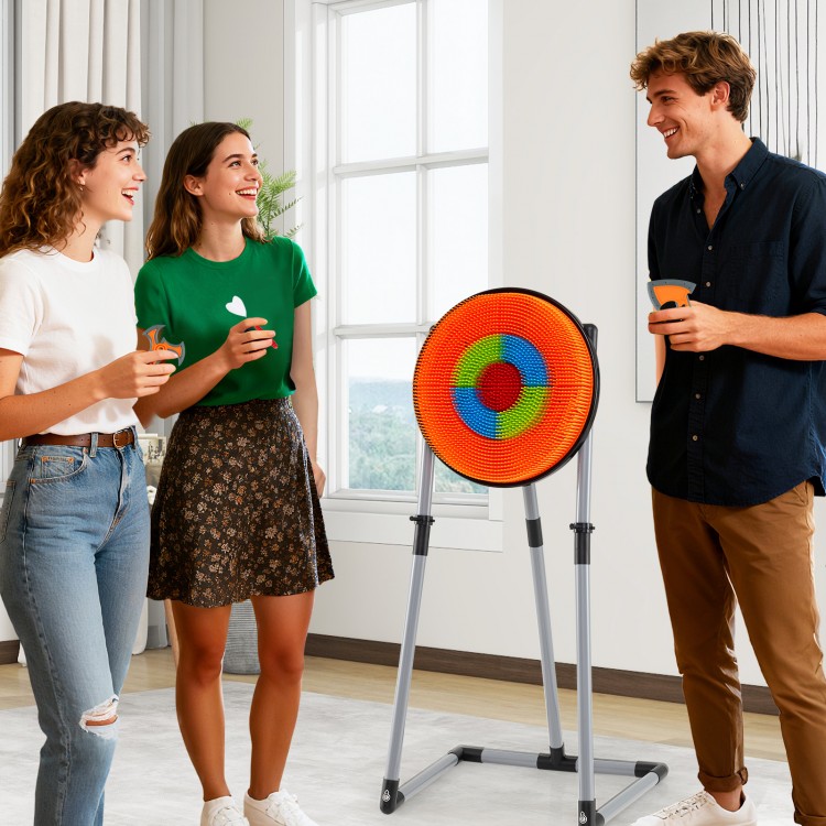 Kids and adults enjoying the 4 in 1 throwing target set with bristle target and axes for indoor and outdoor fun.