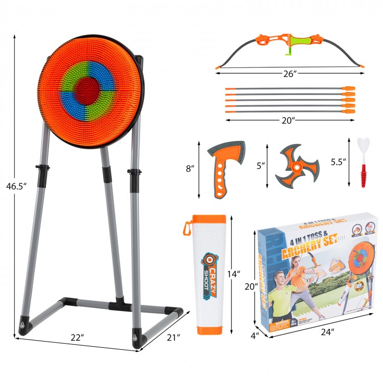 Bristle target with throwing axes, darts, and bow set, ideal for kids' indoor and outdoor accuracy practice.