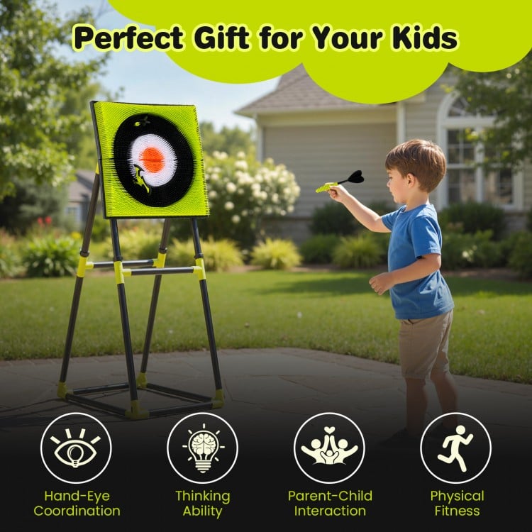 Kids throwing game set featuring a bristle target, darts, and bow for indoor and outdoor fun, enhancing coordination.