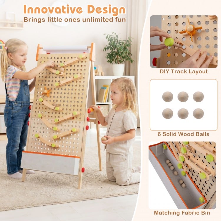 Kids engaging with the 4-in-1 wooden art easel featuring a double-sided chalkboard, DIY marble run, and storage bin.