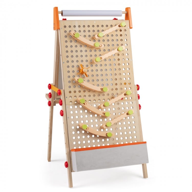 Wooden kids art easel with double-sided chalkboard, marble run, and adjustable height for creative play and storage.