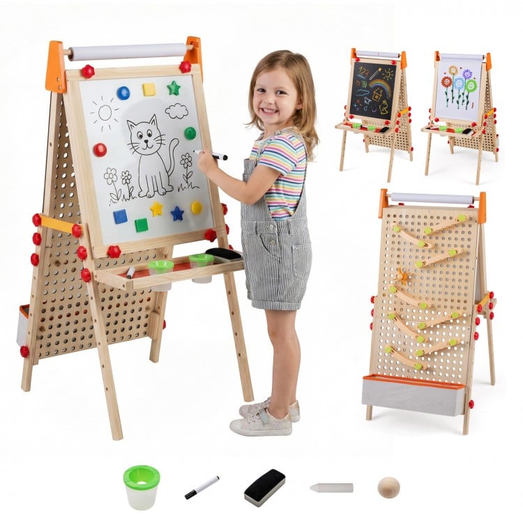 Kids art easel featuring a double-sided chalkboard, magnetic whiteboard, and adjustable height for versatile creative.
