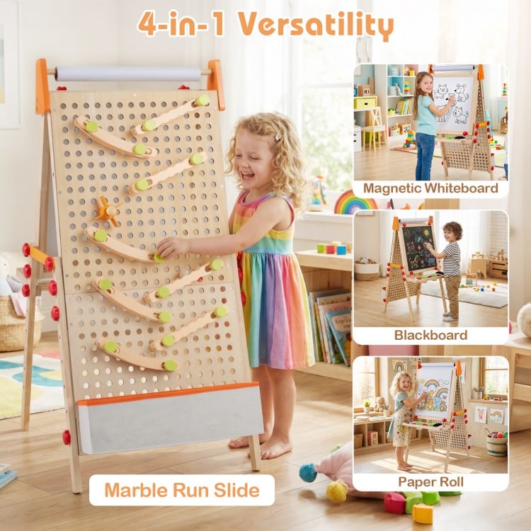 Double-sided wooden kids art easel with magnetic whiteboard, chalkboard, and marble run slide for creative play.