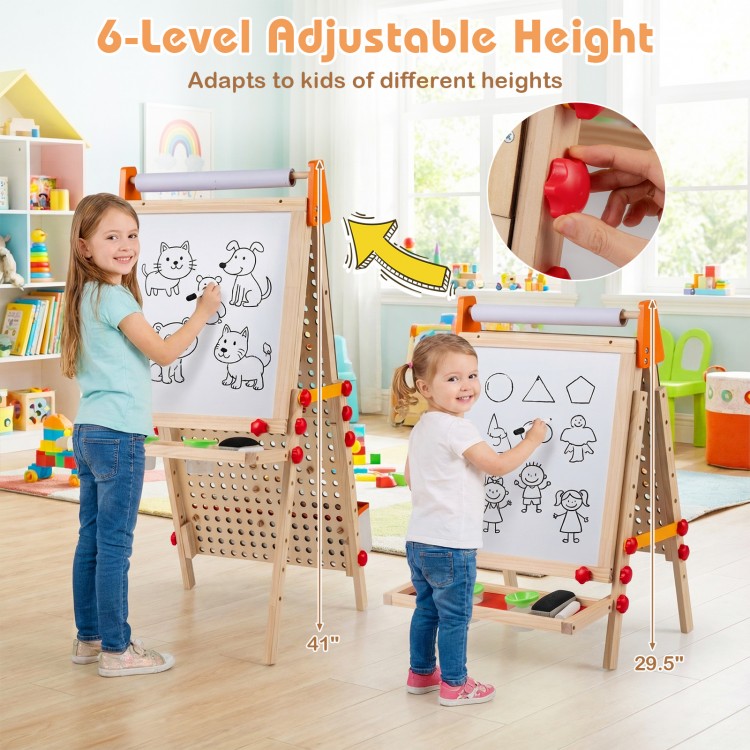 Kids using the adjustable height 4-in-1 wooden art easel with a chalkboard and paper roll for creative activities.