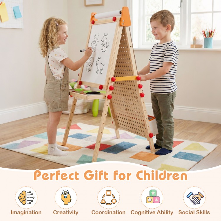 Double-sided wooden kids art easel with paper roll and storage tray, promoting creativity and imagination for toddlers.