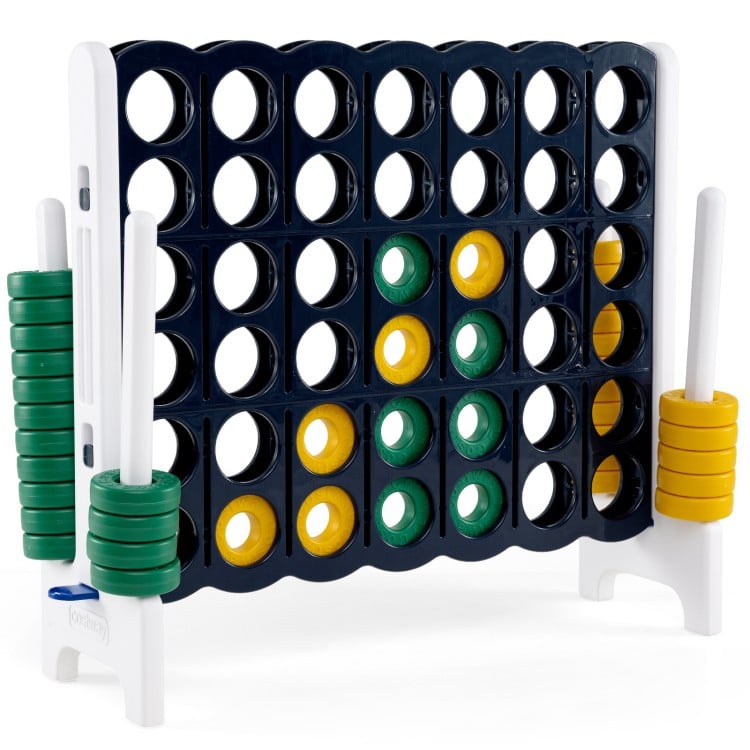 Giant 4-to-Score game set with colorful discs, designed for family fun and outdoor play, enhancing motor skills.