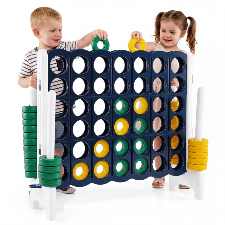 Two children playing with the 4-to-Score giant game set, enhancing motor skills and coordination in a fun outdoor.