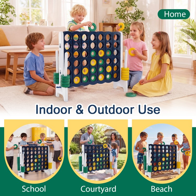 Giant 4-to-Score game set for indoor and outdoor use, promoting family fun and improving motor skills.