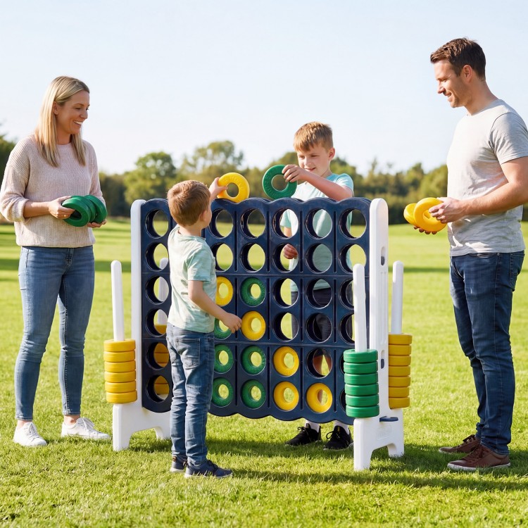 Giant 4-to-Score game set for family fun, featuring colorful discs and a portable design for outdoor play.