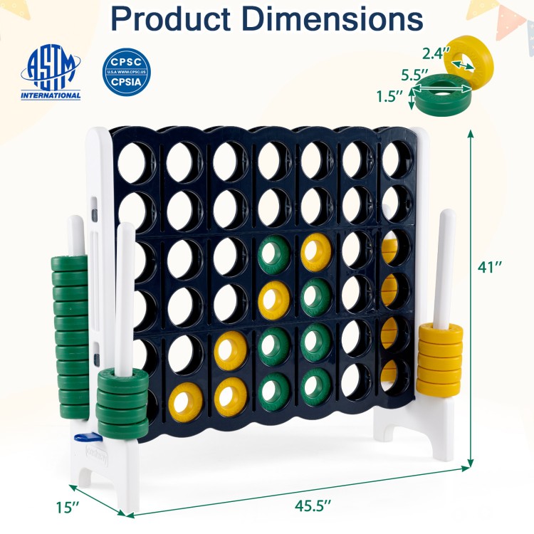 Giant 4-to-Score game set with colorful discs, measuring 41" tall and 45.5" wide, ideal for outdoor family fun.