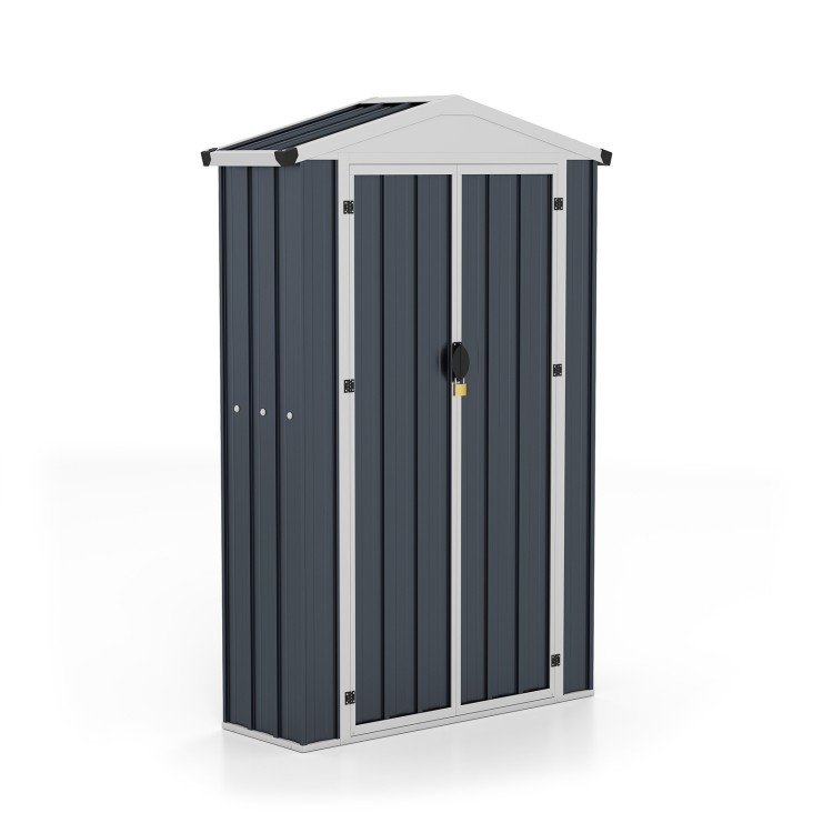 Tall gray outdoor storage shed with sloping roof, lockable door, and built-in shelf for organizing items in small spaces.