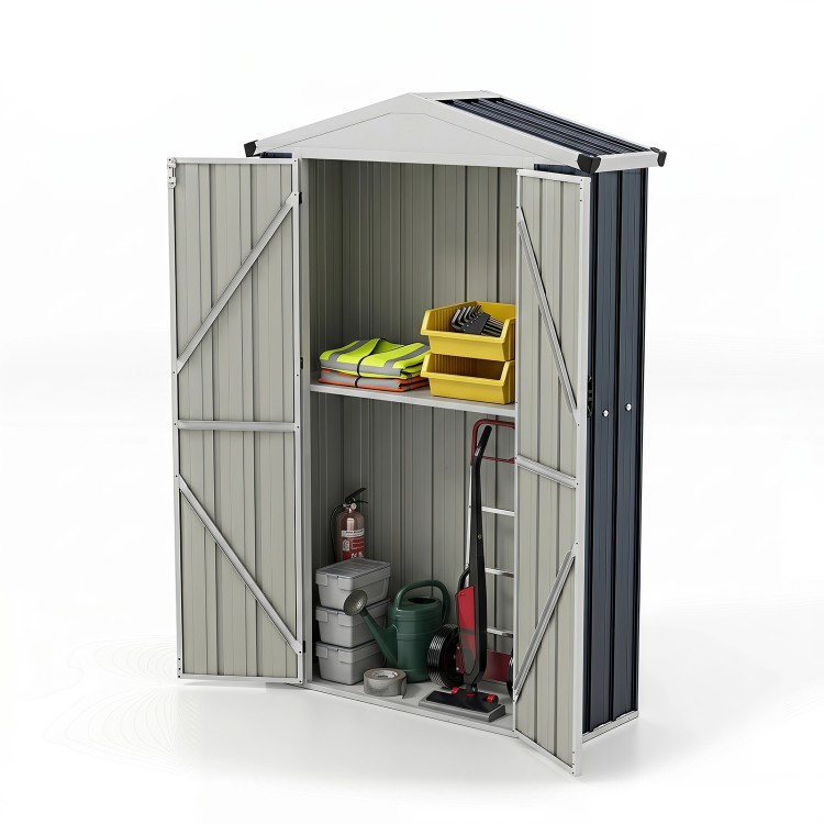 Outdoor storage shed with sloping roof, built-in shelf, and lockable door, ideal for organizing items in patios or backyards.
