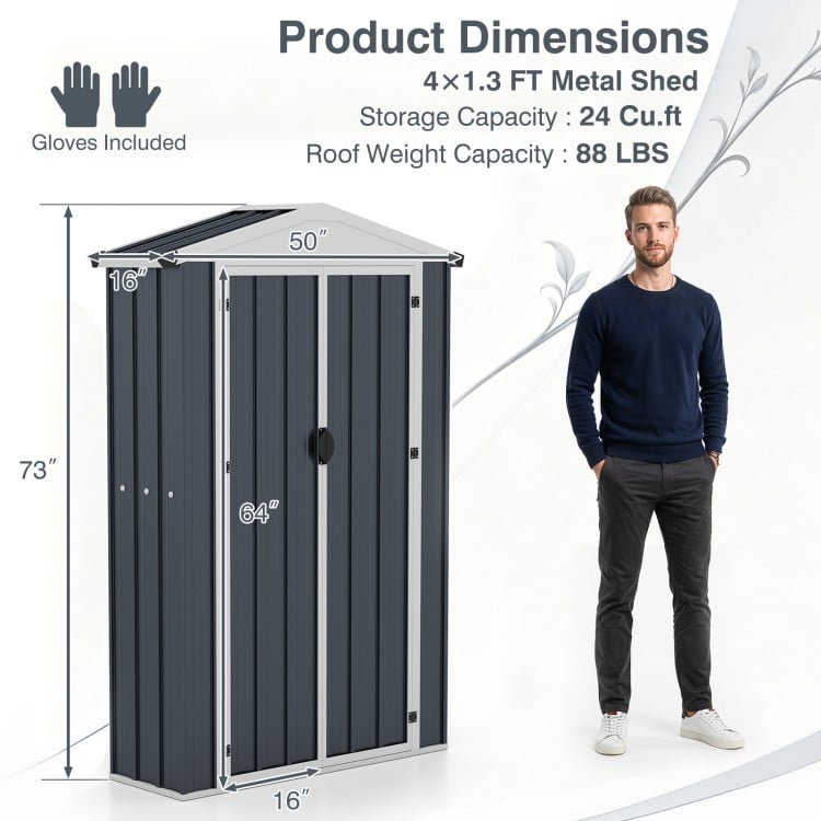 Tall, narrow 4 x 2 x 6 FT gray outdoor storage shed with sloping roof, lockable door, and built-in shelf for organization.